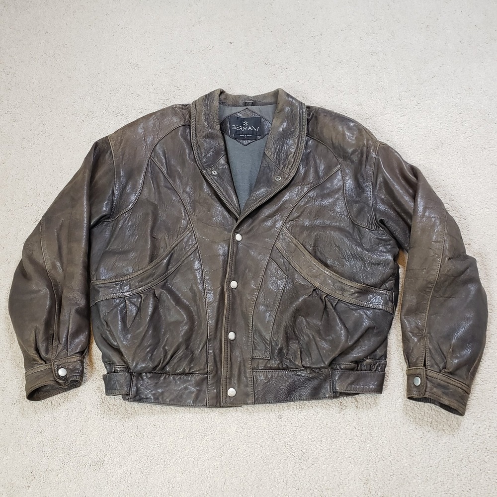 Vintage‎ Bermans Leather Bomber Jacket Men Large Brown Snap Button Distressed